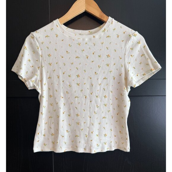 SKIMS Tops - Skims Women's Ribbed Cotton White Floral Short Sleeve Top XL Dainty Casual